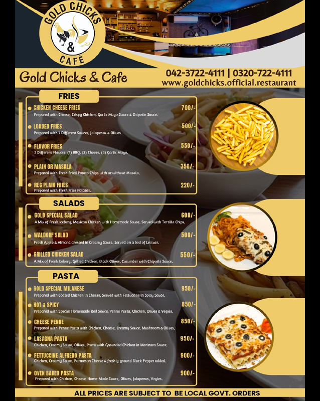 Gold Chicks & Cafe menu