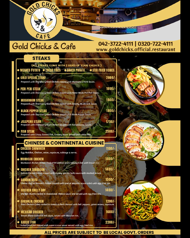 Gold Chicks & Cafe menu