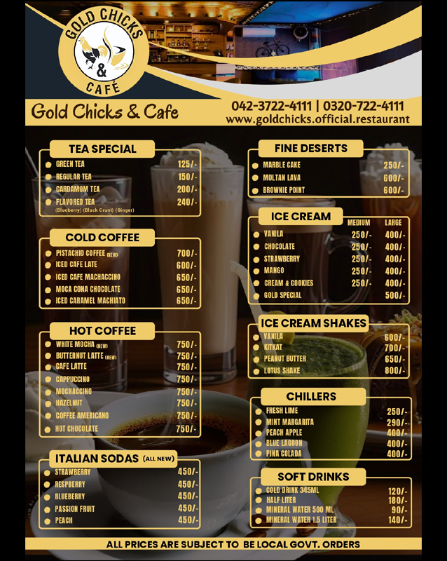 Gold Chicks & Cafe menu