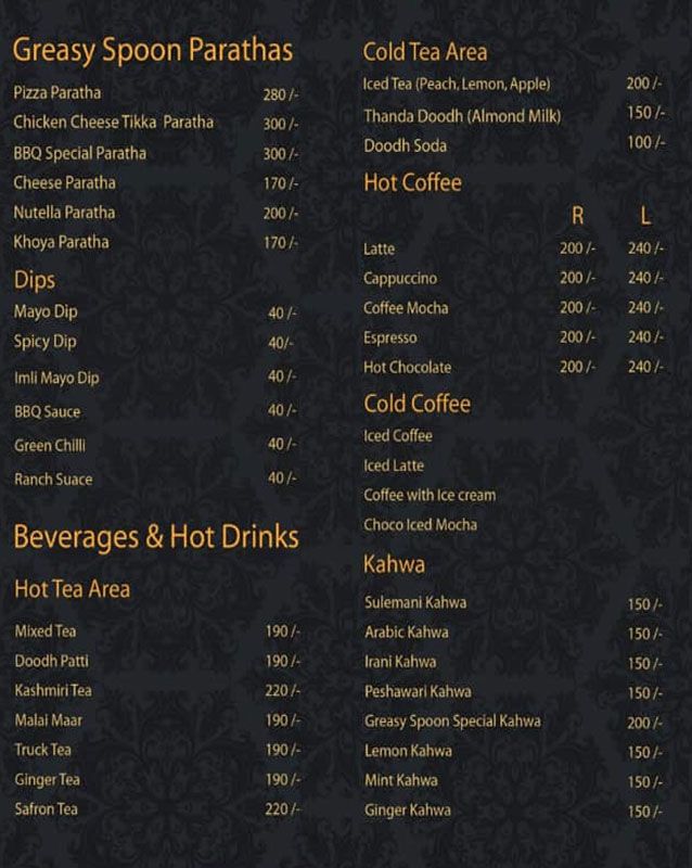 Greasy Spoon menu