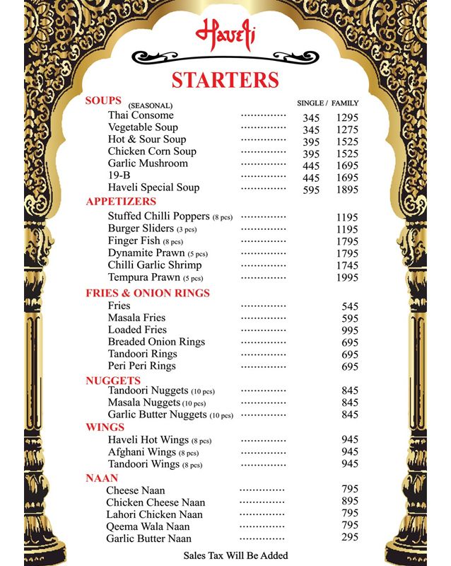 Haveli Restaurant Lahore menu