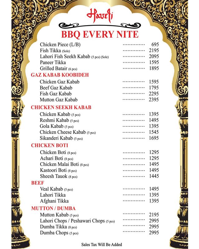 Haveli Restaurant Lahore menu