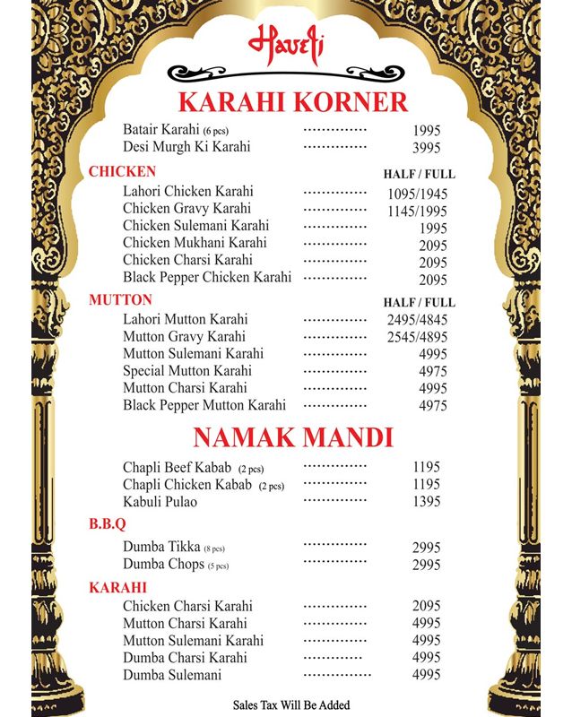 Haveli Restaurant Lahore menu