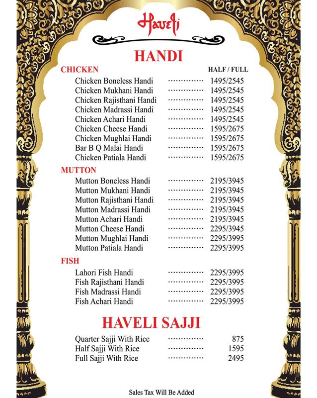 Haveli Restaurant Lahore menu