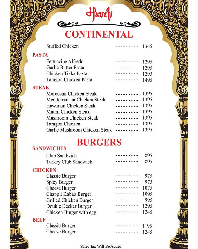 Haveli Restaurant Lahore menu