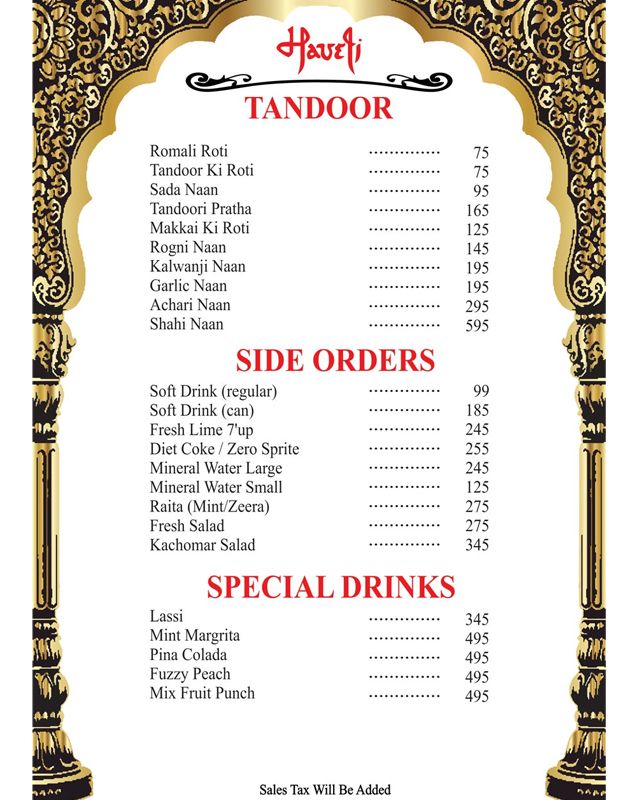 Haveli Restaurant Lahore menu