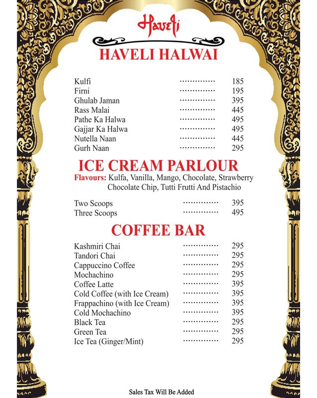 Haveli Restaurant Lahore menu