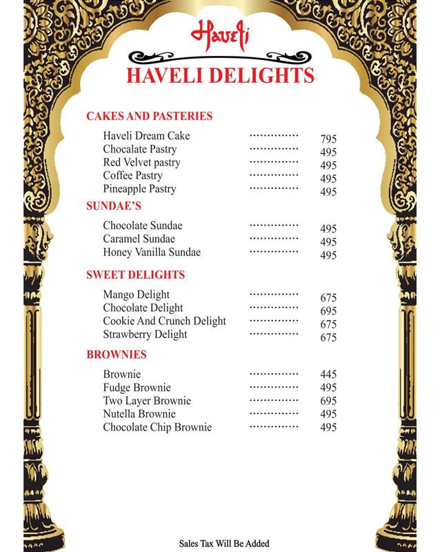 Haveli Restaurant Lahore menu