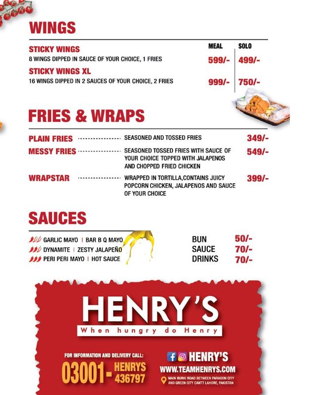 Henry's menu