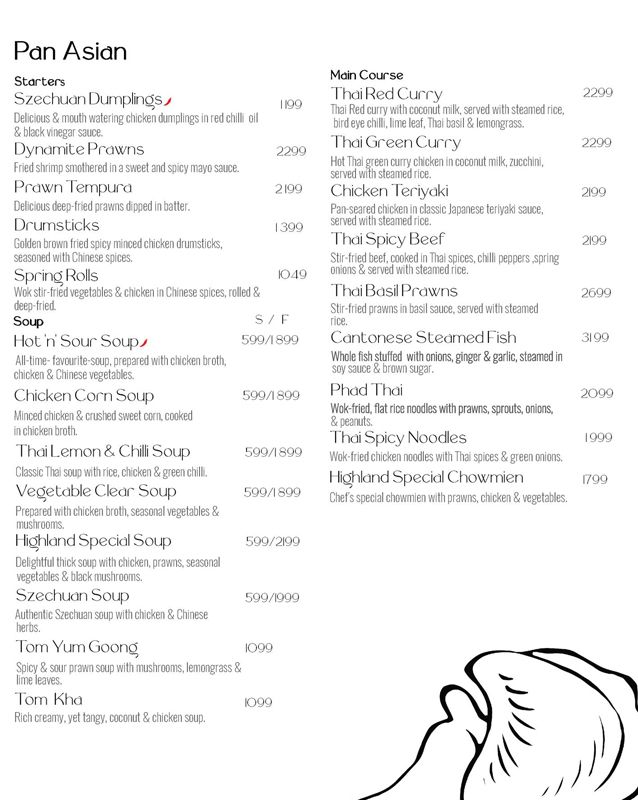 Highland Country Club & Resort menu