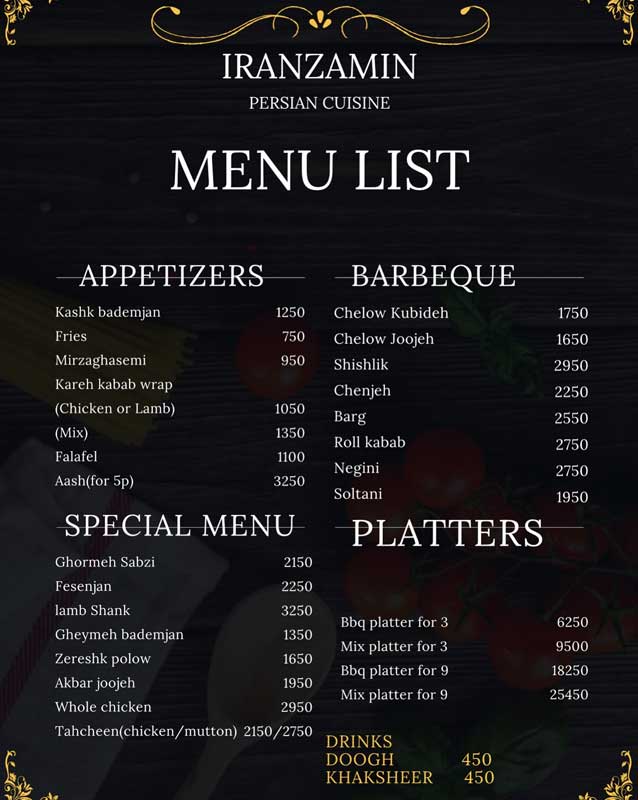 Iran Zamin Cuisine menu