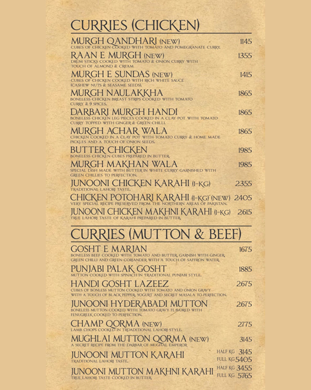 Junoon Restaurant menu