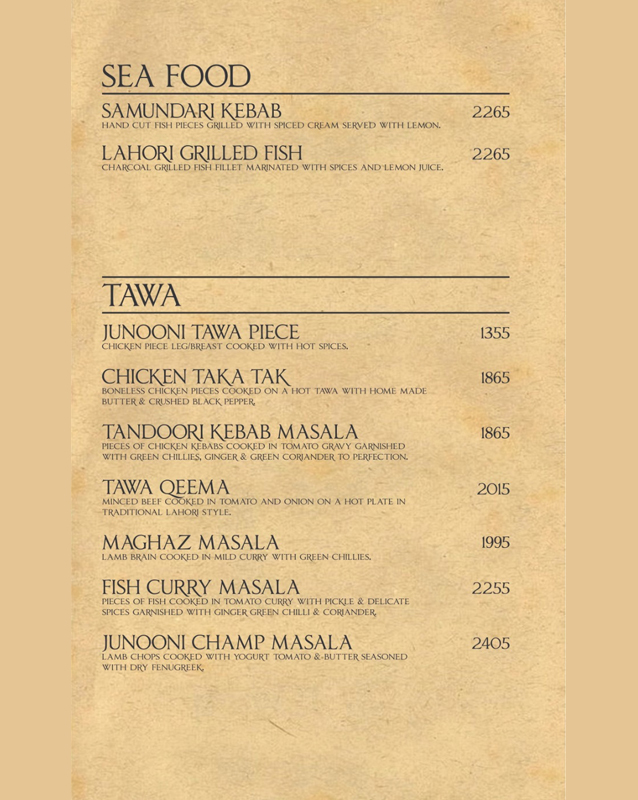 Junoon Restaurant menu