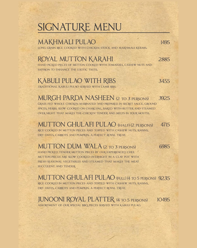 Junoon Restaurant menu