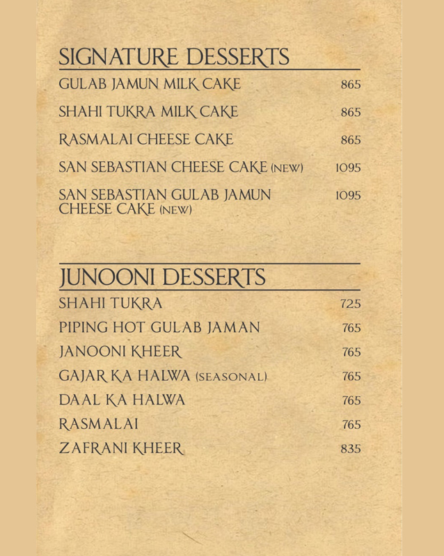 Junoon Restaurant menu