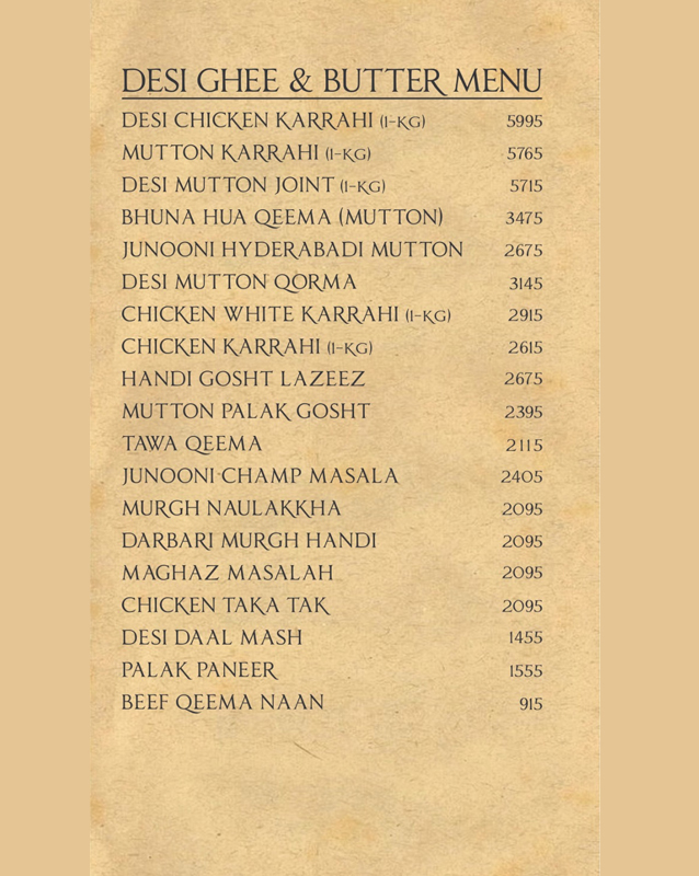 Junoon Restaurant menu