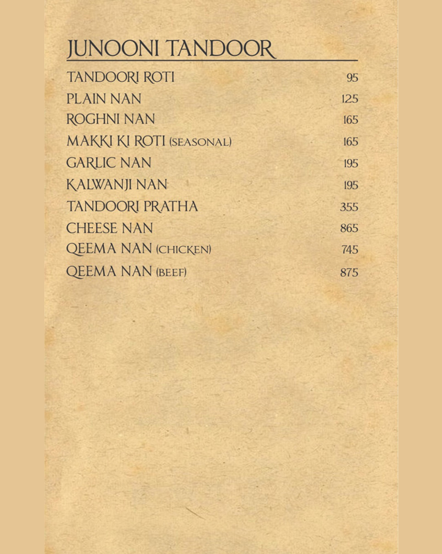 Junoon Restaurant menu