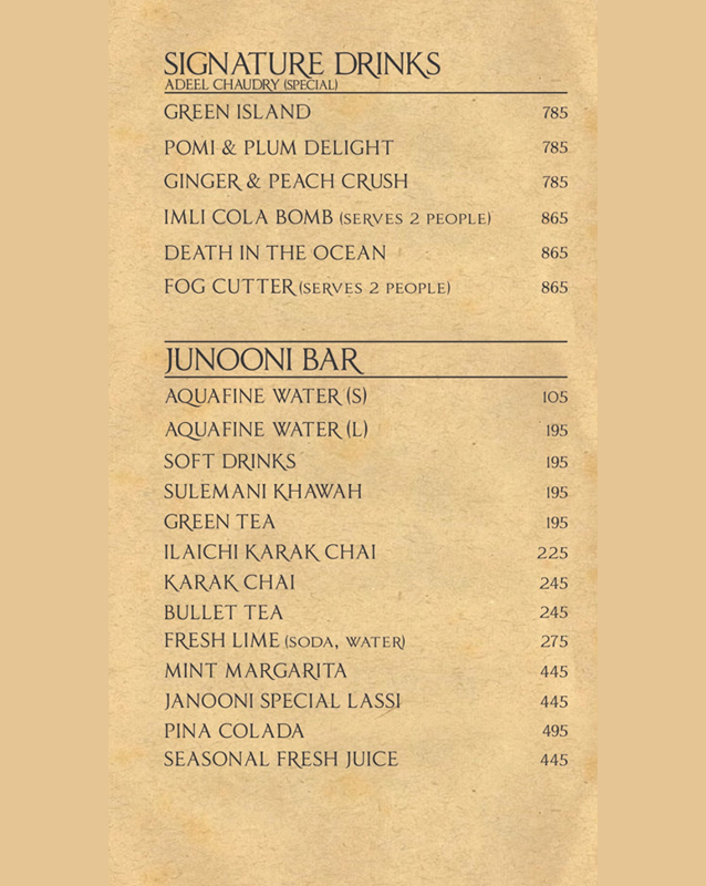 Junoon Restaurant menu