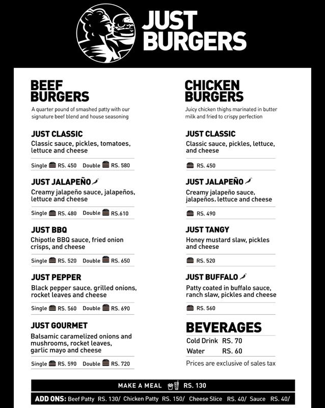 Just Burgers menu