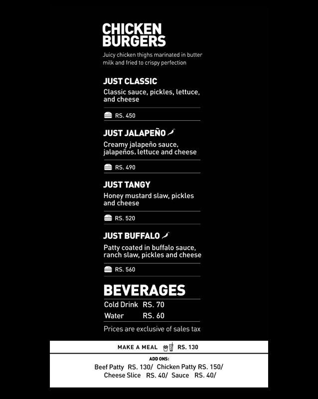 Just Burgers menu
