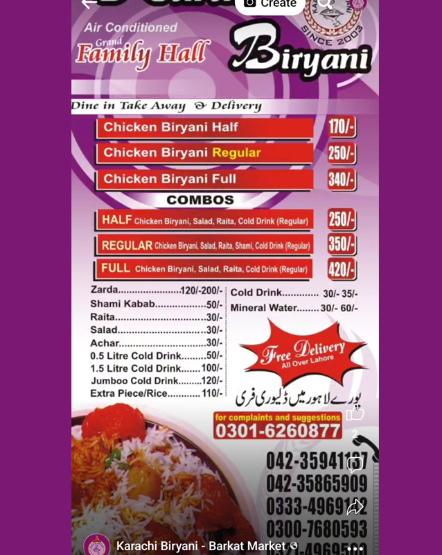 Karachi Biryani menu