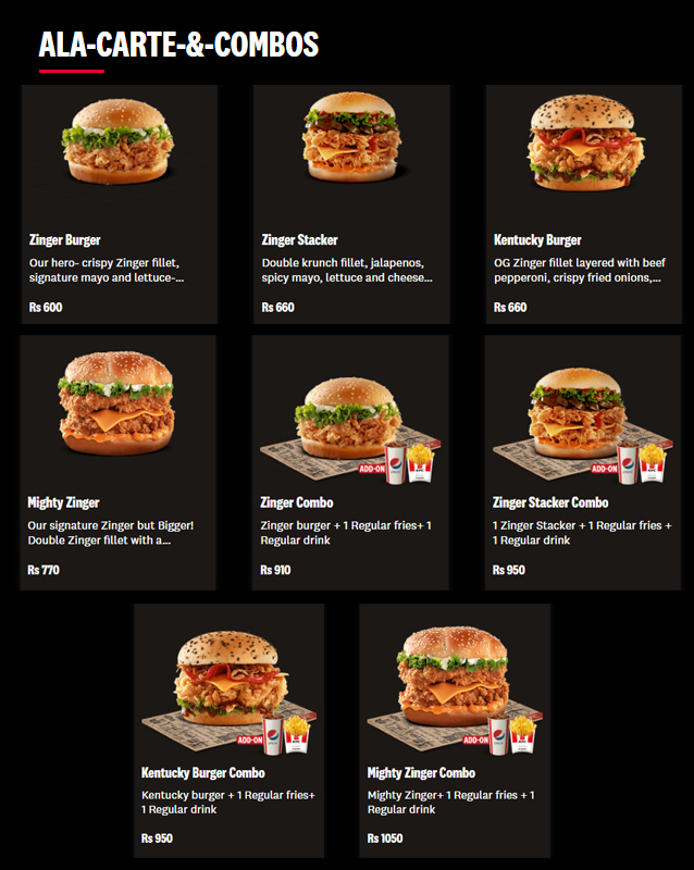 KFC menu