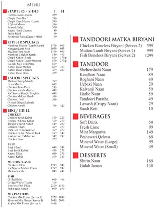 Khyber Village menu