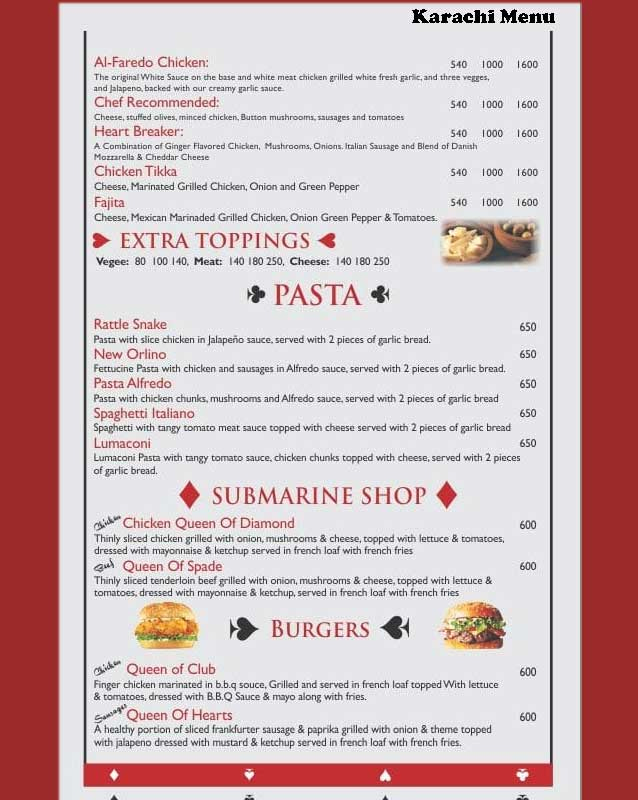 Kings & Queens Pizza Parlor menu