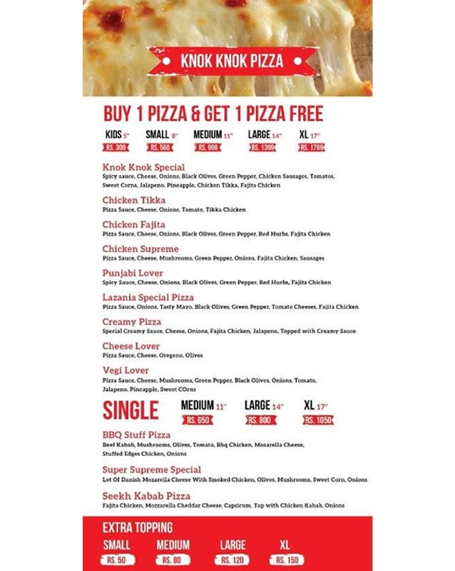Knok Knok Pizza menu
