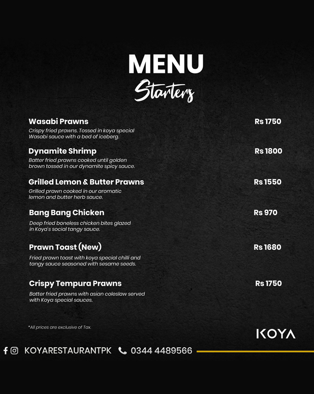 Koya Restaurant menu