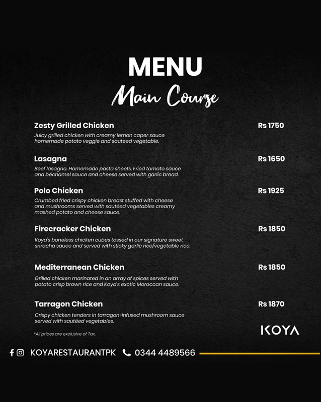 Koya Restaurant menu