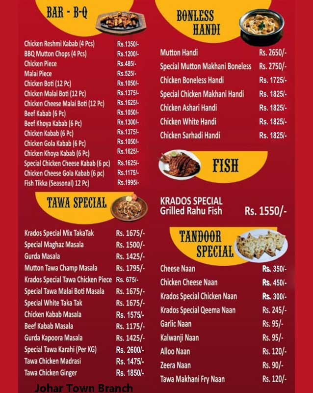 Krados Restaurant menu