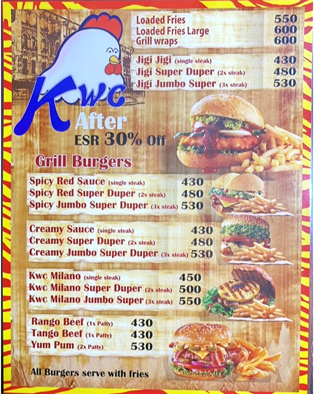 KWC Grill Burgers menu