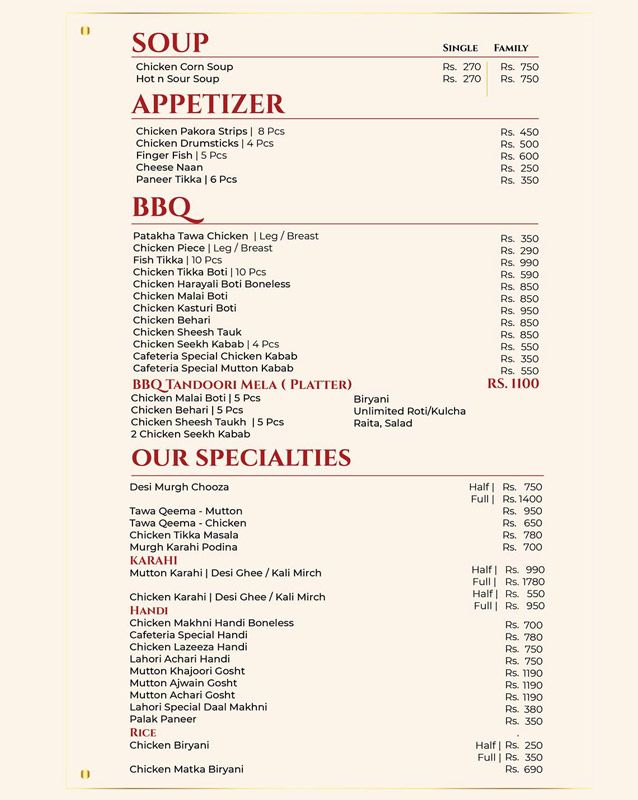 Lahore Cafeteria menu