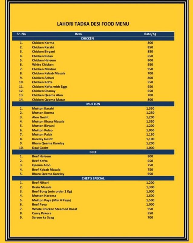 Lahori Tadka menu