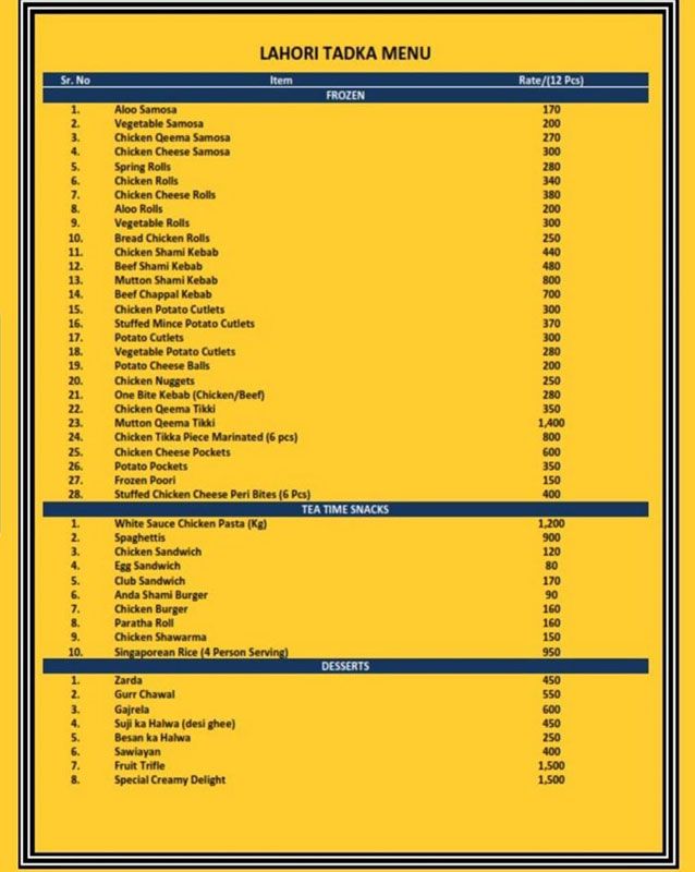 Lahori Tadka menu