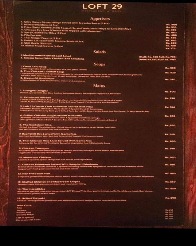 Loft 29 menu