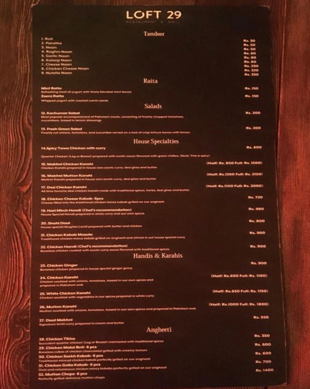 Loft 29 menu