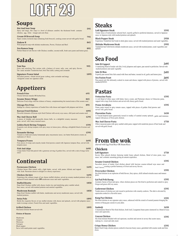 Loft 29 menu