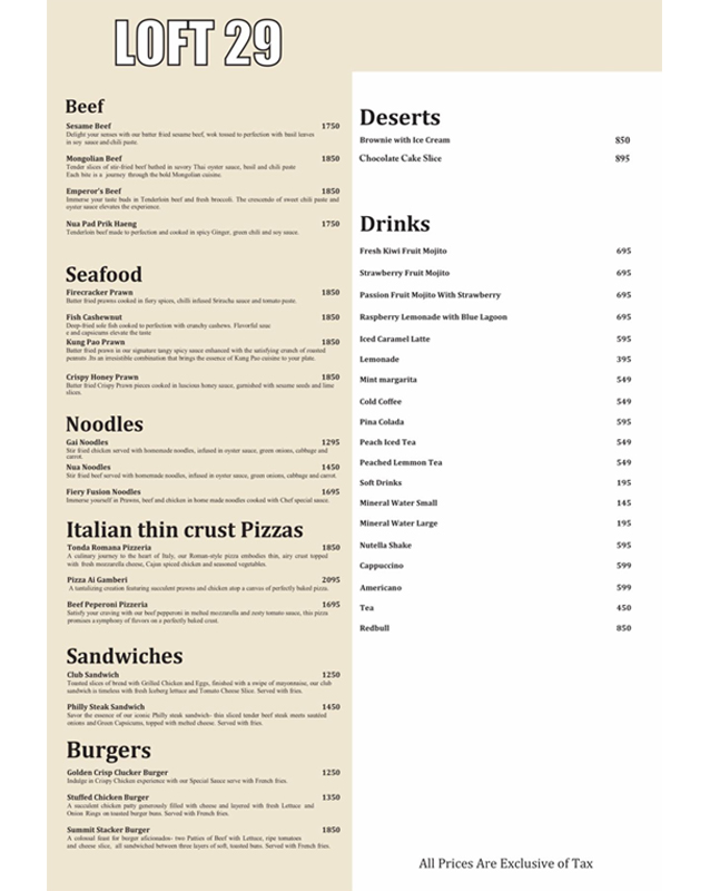 Loft 29 menu
