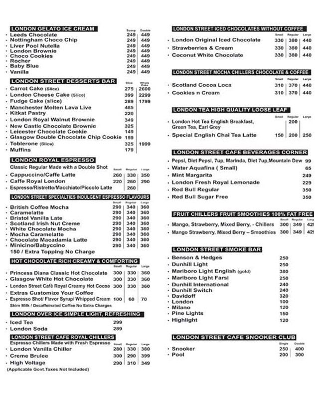 London Street Cafe menu