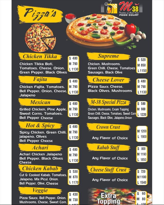 M 38 Pizza menu