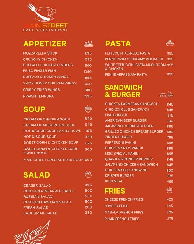 Main Street Cafe & Restaurant menu