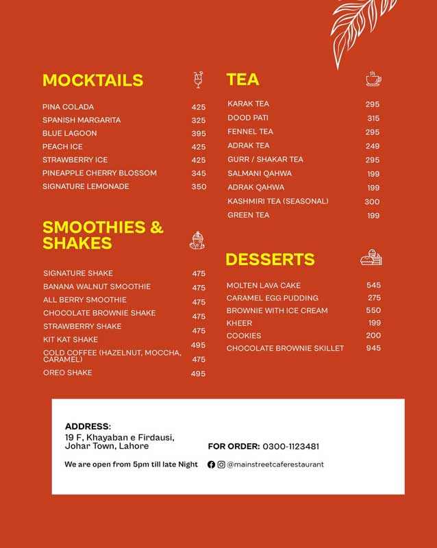 Main Street Cafe & Restaurant menu