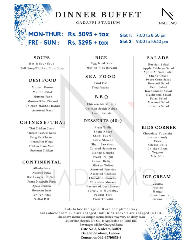 Nadeem's Buffet menu