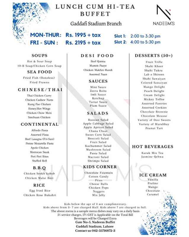 Nadeem's Buffet menu