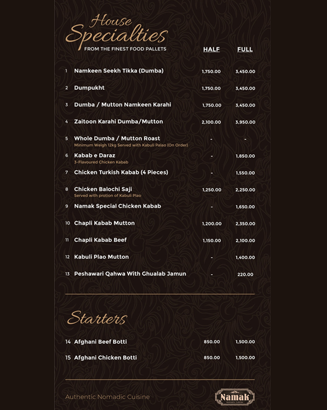 Namak Restaurant menu
