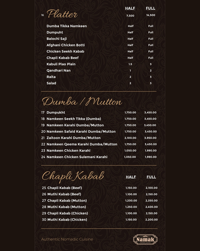 Namak Restaurant menu
