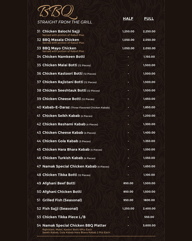Namak Restaurant menu