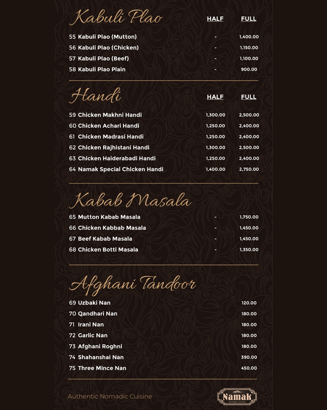 Namak Restaurant menu